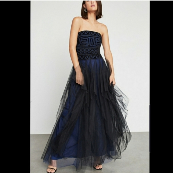 Bcbgmaxazria Strapless Embroidered Lace Navy Tulle Gown Size 4 - Picture 10 of 11